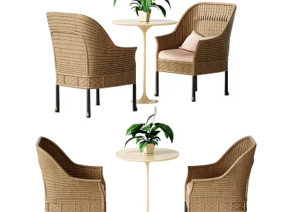 Leisure Rattan Chair Set With Round Table And Green Plant Decoration 3d model
