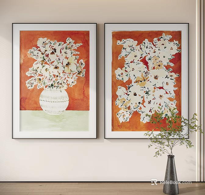Two Abstract Floral Paintings With White Vase Orange Background Hanging On Wall And Green Base 3d model 