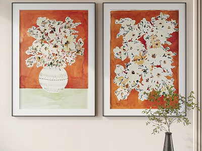 Two Abstract Floral Paintings With White Vase Orange Background Hanging On Wall And Green Base 3d model