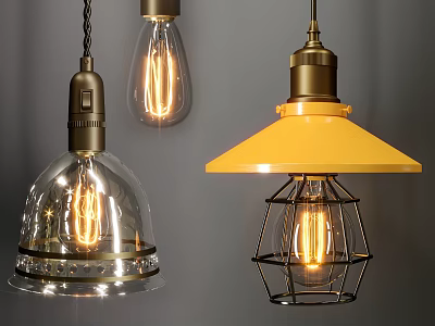 Vintage Pendant Lights with Glass Shade Metal Frame Yellow Lampshade and Filament Bulbs 3d model