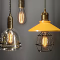 Vintage Pendant Lights with Glass Shade Metal Frame Yellow Lampshade and Filament Bulbs