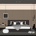 Modern Minimalist Bedroom Interior With Wooden Wall Panel Gray Headboard And Floor to Ceiling Window