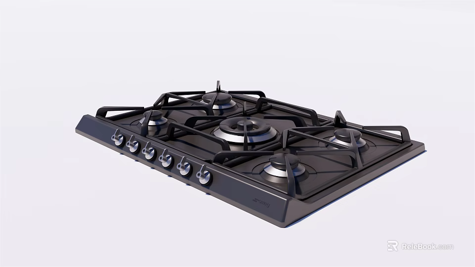 Black Kitchen Gas Stove With Multiple Burners And Control Knobs 3d model 