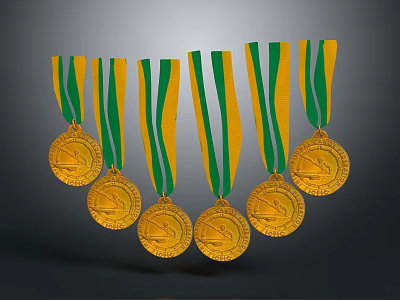 Six Gold Medals with Green and Yellow Ribbons Hanging on Dark Background 3d model