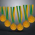 Six Gold Medals with Green and Yellow Ribbons Hanging on Dark Background