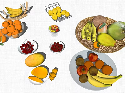 Colorful Variety of Fresh Assorted Fruits in Wicker Baskets and Plates 3d model