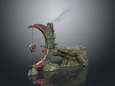 Artistic Moon Shaped Installation With Red Green Decor Rock Base Smoke And Suspended Round Device 3d model