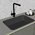 Modern Black Kitchen Sink With Matte Faucet On Beige Countertop And Grey Stone Backsplash