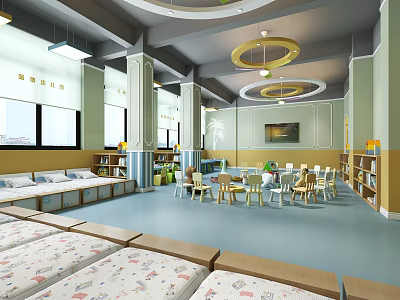 Bright Kindergarten Interior With Naptime Beds Tables Chairs Bookshelves And Windows 3d model