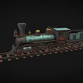 Vintage Steam Train Model with Green Black and Gold Accents on Rail Tracks