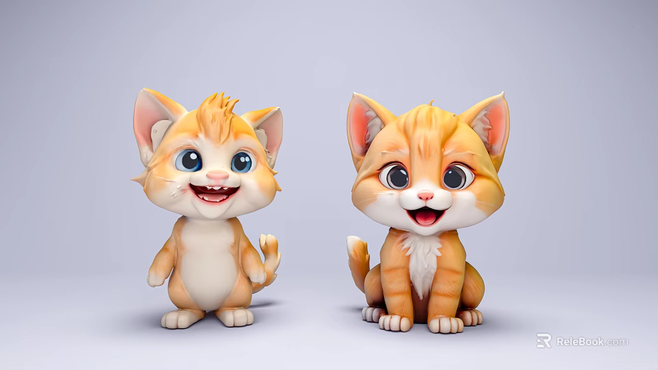 Cute Cartoon Orange And White Kittens With Smiling Faces Standing And Sitting 3d model 