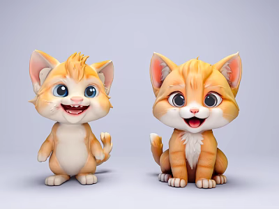 Cute Cartoon Orange And White Kittens With Smiling Faces Standing And Sitting 3d model