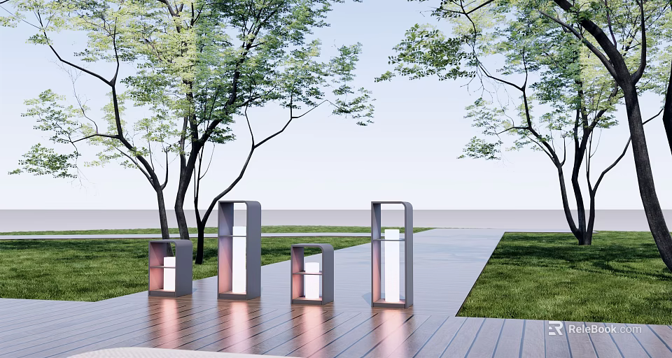 Modern Outdoor Pillar Lights on Wooden Deck with Trees Grass and Water View 3d model 