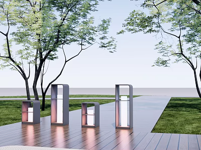 Modern Outdoor Pillar Lights on Wooden Deck with Trees Grass and Water View 3d model