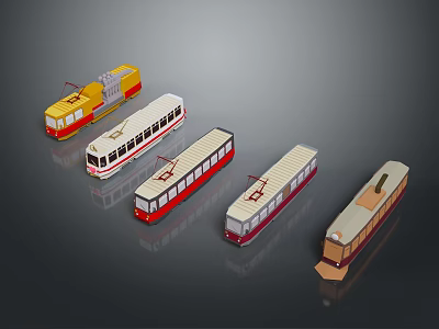 Various Colored Electric Tram Models With Different Style Designs Collection 3d model