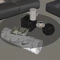 Glass Top Coffee Table with White Marble Base Black Sofa Teapot and Striped Book