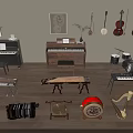 Collection of Musical Instruments and Art Supplies Including Piano Violin Drum Set and Art Frames