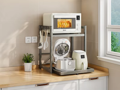 Organized Kitchen Counter with Microwave Shelf and Small Appliances Near Window 3d model