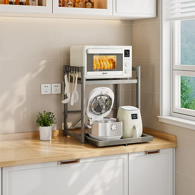 Organized Kitchen Counter with Microwave Shelf and Small Appliances Near Window 3d model
