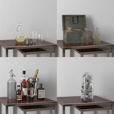 Elegant Wine Bottles And Glasses Display With Decanter Case Ice Bucket And Table 3d model
