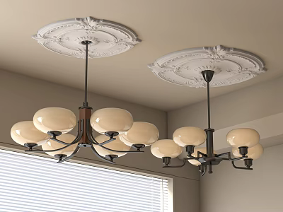 Classic Indoor Chandeliers With Cream Shades Black Metal Frames And Ceiling Medallions 3d model