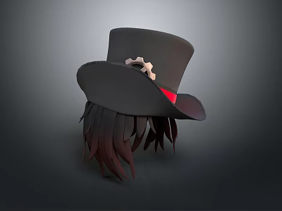 Black Top Hat Featuring Gear Decoration Red Ribbon And Brown Feathers 3d model