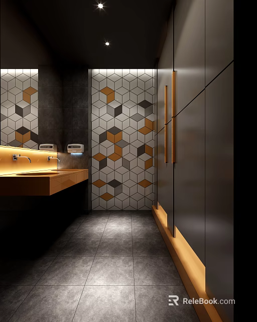 Modern Public Restroom Interior Design With Hexagonal Tile Walls Washbasin And Lockers 3d model 