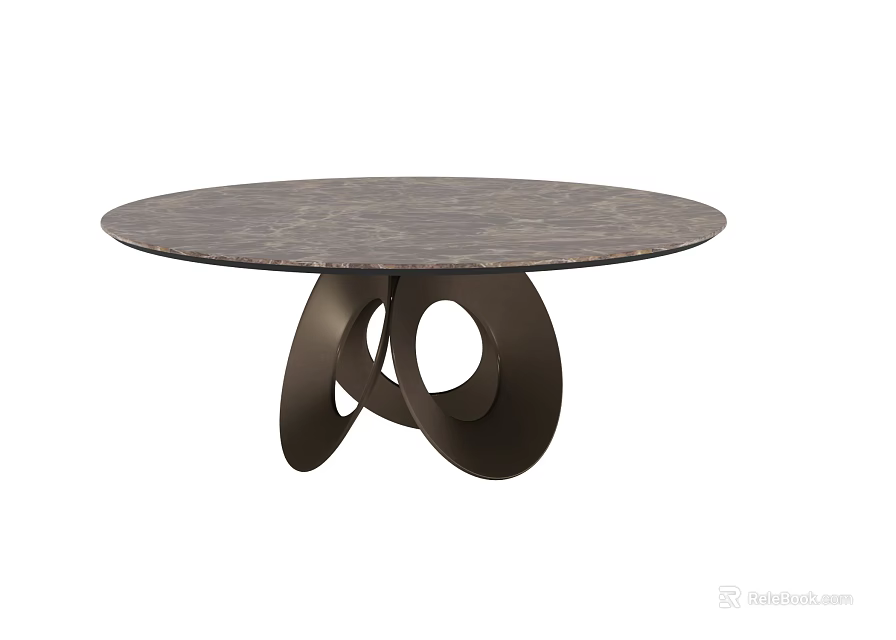 Modern Round Dining Table With Dark Marble Top And Unique Curved Metal Base 3d model
