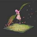 Pink Haired Character With Large Pink Wings Standing On Yellow Ground With Falling Yellow Leaves