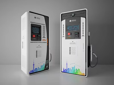 Modern EV Charger Design With Display Screen Buttons And Colorful City Skyline 3d model