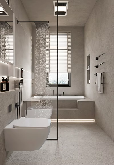 Modern Bathroom Interior Design With Built in Bathtub Glass Shower Partition And Vanity 3d model