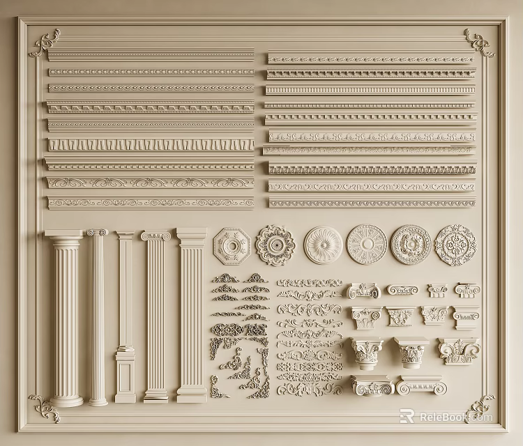 Various Decorative Gypsum Moldings with Ornamental Columns and Round Design Elements 3d model