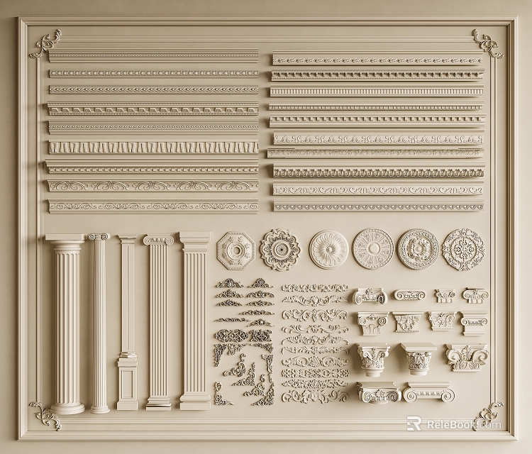 Various Decorative Gypsum Moldings with Ornamental Columns and Round Design Elements 3d model 