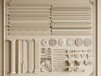 Various Decorative Gypsum Moldings with Ornamental Columns and Round Design Elements 3d model