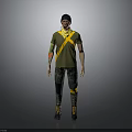 Man Wearing Green T Shirt With Yellow Cross Straps Camouflage Pants And Yellow Knee Pads