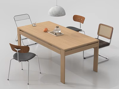 Modern Wooden Dining Table Set With Four Chairs Vase Fruits And Pendant Light 3d model