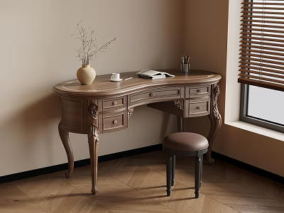 Classic Wooden Desk With Vase Dried Branches Open Book Pen Holder And Stool 3d model