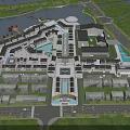 Modern Commercial Street With Waterfront Views Lush Greenery And Pedestrian Walkways