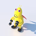 Yellow Bee Like Doll With Pink Eyes Black Gloves And Shoes Smiling On White Background