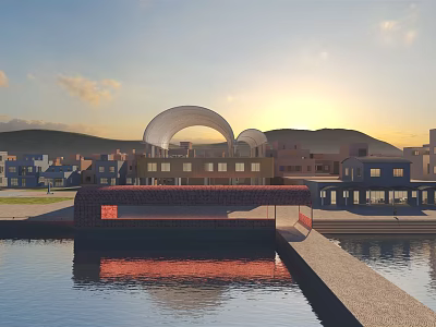 Scenic Sunset Landscape With Modern Curved Architecture Water Reflections And Hills 3d model
