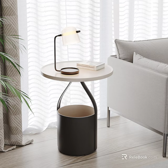 Modern Side Table With Round Top Black Base Table Lamp Books Near Light Gray Sofa 3d model 