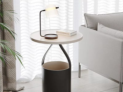 Modern Side Table With Round Top Black Base Table Lamp Books Near Light Gray Sofa 3d model