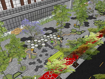 Urban Public Square Design With Hexagonal Pavement Trees Seating And Red Walkway 3d model