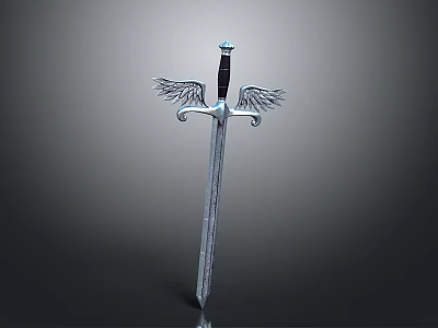 Silver Metal Sword With Wing Decorations On Hilt And Sharp Blade 3d model