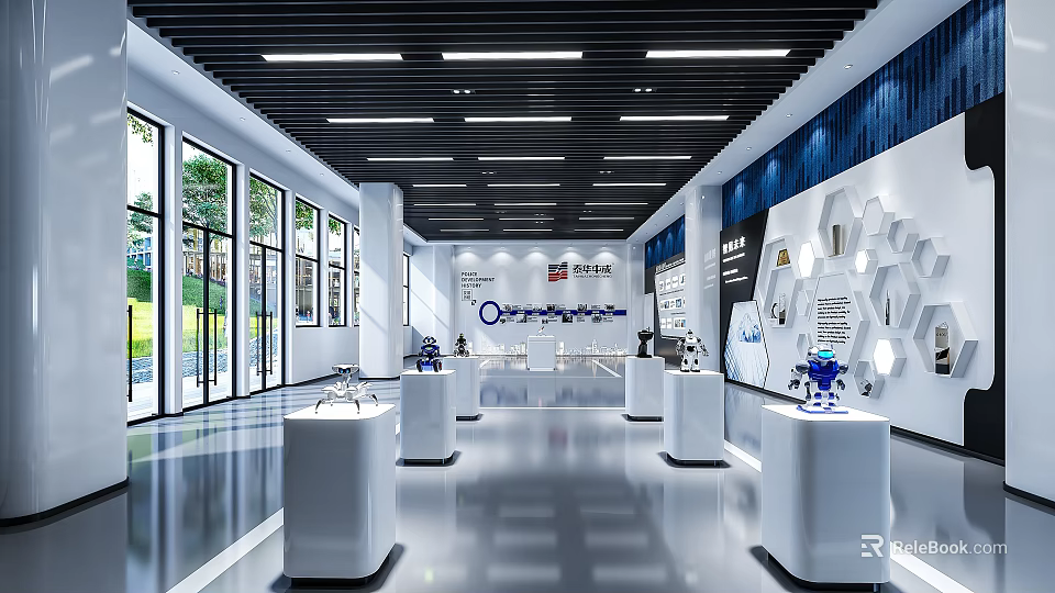 Spacious Modern Exhibition Hall With White Display Stands Tech Exhibits Blue Decor And Glass Windows 3d model 