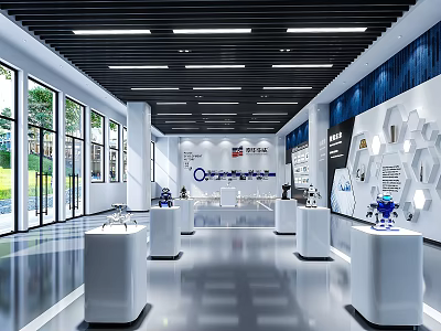 Spacious Modern Exhibition Hall With White Display Stands Tech Exhibits Blue Decor And Glass Windows 3d model