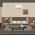 Modern Bedroom Interior Featuring Beige Walls Wooden Elements Upholstered Bed Nightstands And Pendant Light