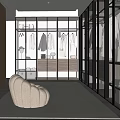 Modern Walk In Closet Interior Design With Glass Doors Metal Frames And Hanging Clothes