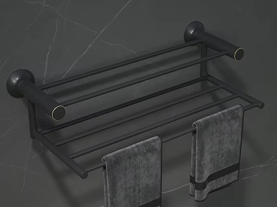 Black Wall Mounted Two Tier Bathroom Rack with Gray Towels on Marble Wall 3d model