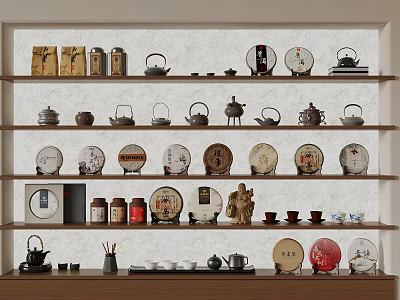 Traditional Chinese Teaware And Decorative Items Display On Shelves With Teapots Plates Jars 3d model